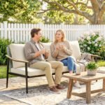 3 Seater Outdoor Patio Sofa, Outdoor Couch with Wood-Effect Armrests, Wicker Backrest, Cushions for Garden Yard, Khaki - Image 8