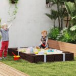 Kids Sandbox with Cover, 4 Corner Seats, Bottom Liner for Backyard, Garden, Outdoor, 73" x 47" x 9", Dark Brown - Image 2