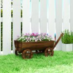 Wooden Wagon Planter Box, Mobile Garden Planter with 4 Wheels, Small Wheelbarrow Wagon Flower Cart with Drainage Hole - Image 2