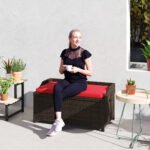 Outdoor Wicker Storage Bench with Storage & Cushion, Red - Image 2