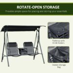 2-Seat Outdoor Porch Swing, with Pivot Storage Table, Cup Holder, & Adjustable Overhead Canopy, Stand's Skid-Resistant Feet Pad, Breathable Mesh Seat, Steel Frame, for Patio, Black - Image 6