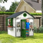 Wooden Playhouse for Kids Outdoor with Doors, Windows, Planter Pots and Boxes for Toddlers 3-8 Years, White - Image 2
