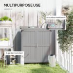 Outdoor Storage Cabinet, Garden Tool Shed with Metal Tabletop and Shelf, Wooden Potting Bench with 2 Doors, Gray - Image 4