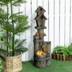 Outdoor Fountain with Birdhouse, Cascading Garden Waterfall Bird Bath with 3-Tier Rustic Tree Trunk / Log Design, LED Lights for Porch, Deck, Yard Decor, Brown - Image 2