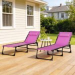 2 Folding Chaise Lounge Pool Chairs with 4-Position Reclining Back, Pillow, Breathable Mesh & Bungee Seat, Purple - Image 8