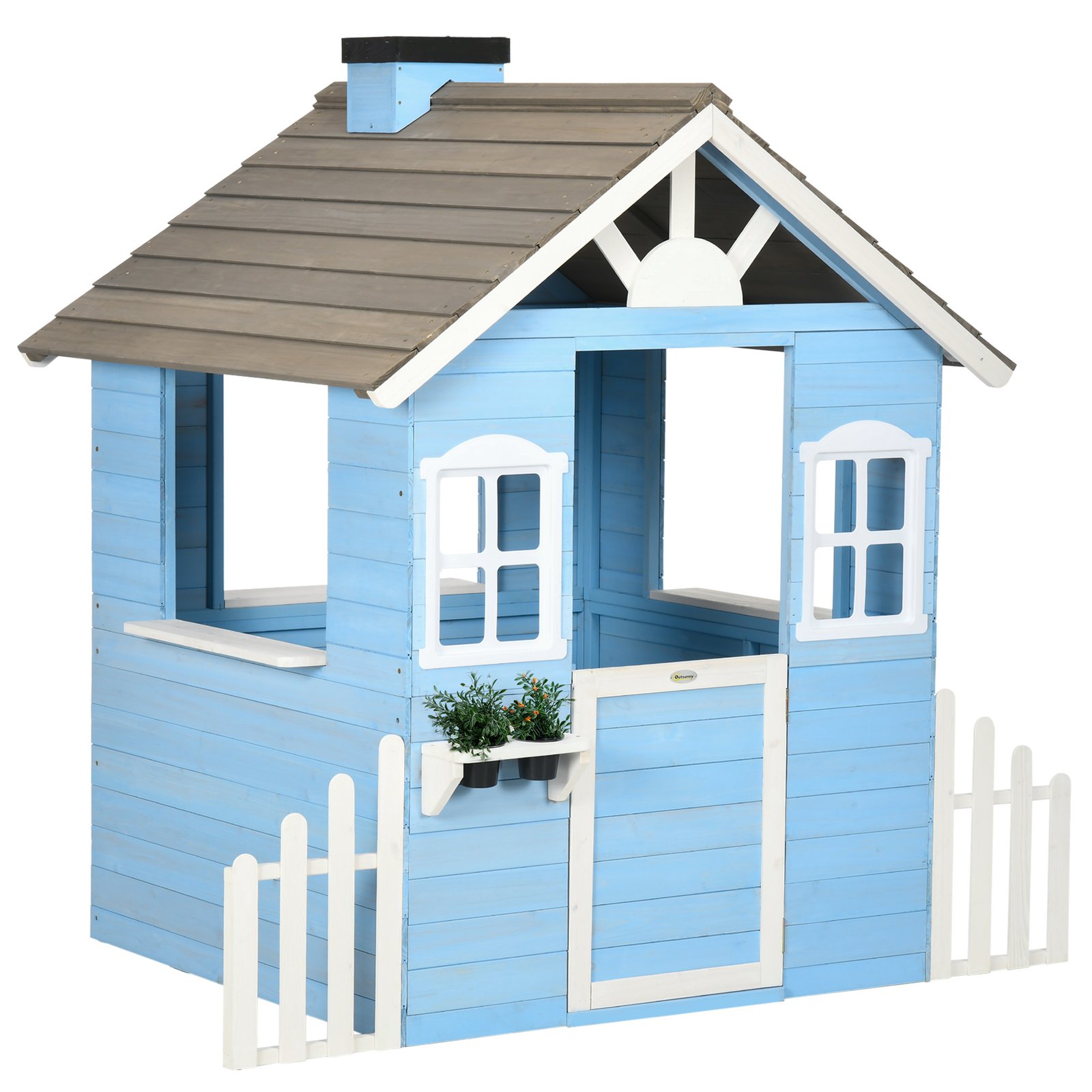 1HWc0b19493c330e8.jpg Wooden Playhouse for Kids Outdoor with Flower Pot Holders, Door, Windows, Service Stations for 3-7 Years, Blue - Image 1