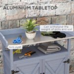 Outdoor Wooden Potting Bench with Storage Cabinet, Aluminum Tabletop, Rubber Wheels for Backyard, Patio, Balcony, Gray - Image 4