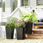 Tall Planters for Outdoor Plants Set of 3, 24 In Taper Planters with Drainage Holes, Rattan Decor Plant Pots for Indoor Outdoor Front Porch Patio Backyard, Black - Image 2