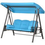 3-Seat Outdoor Porch Swing Chair with Adjustable Canopy, Cushion and Pillows for Garden, Poolside, Blue