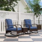 3 Piece Wicker Patio Furniture Set, Outdoor PE Rattan Rocking Chairs with Coffee Table, Cushions for Porch, Brown - Image 2