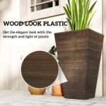 Set of 3 Tall Planters, 28" Outdoor Planter w/ Drainage Holes, Faux Wood Plastic Flower Pots, Brown - Image 6