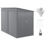 4.6' x 9' Outdoor Storage Shed, Lean to Metal Shed with Foundation Kit, Lockable Doors and Gloves for Patio, Lawn, Gray