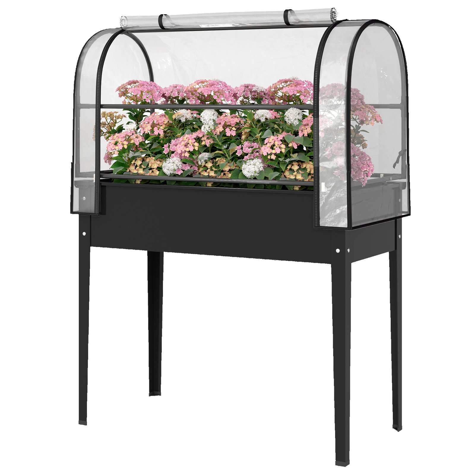 1wdf1819db46ec947.jpg Raised Garden Bed with Flip-Up Greenhouse Cover, Metal Elevated Garden Bed with Legs and Drainage Hole, Black - Image 1