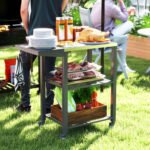 Three-Shelf Outdoor Grill Cart Table with Foldable Side Table, Stainless Steel Top Pizza Oven Stand with Hooks, Silver - Image 2