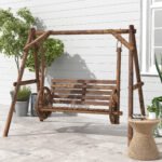 2-Seat Porch Swing with A-Frame Stand, Wooden Log Patio Swing Chair Bench with Wagon Wheel Armrests, Carbonized Brown - Image 2