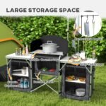 Aluminum Camping Kitchen, Portable Folding Camping Table with Fabric Cupboards, Windshield, Bag for BBQ, Picnic, Black - Image 4