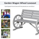 41" Wooden Wagon Wheel Bench, Rustic Outdoor Patio Bench Weather Resistance Furniture, 2-Person Slatted Seat with Backrest, Light Gray - Image 7