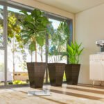 Set of 3 Tall Planters, 28" Outdoor Planter w/ Drainage Holes, Faux Wood Plastic Flower Pots, Brown - Image 8