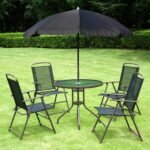 6 Piece Patio Dining Set for 4 with Umbrella, Outdoor Table and Chairs with 4 Folding Dining Chairs & Round Glass Table for Garden, Backyard and Poolside, Black and Coffee - Image 2