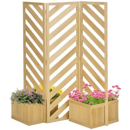 Decorative Outdoor Privacy Screen, Freestanding Divider/Separator with 4 Self-Draining Planters, 3 Trellis Plant Support Panels for Garden Walkway, Backyard, Natural Wood