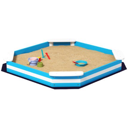 Kids Sandbox with 4 Corner Seats, Bottom Liner for Backyard & Garden, 52" x 52" x 6", Blue