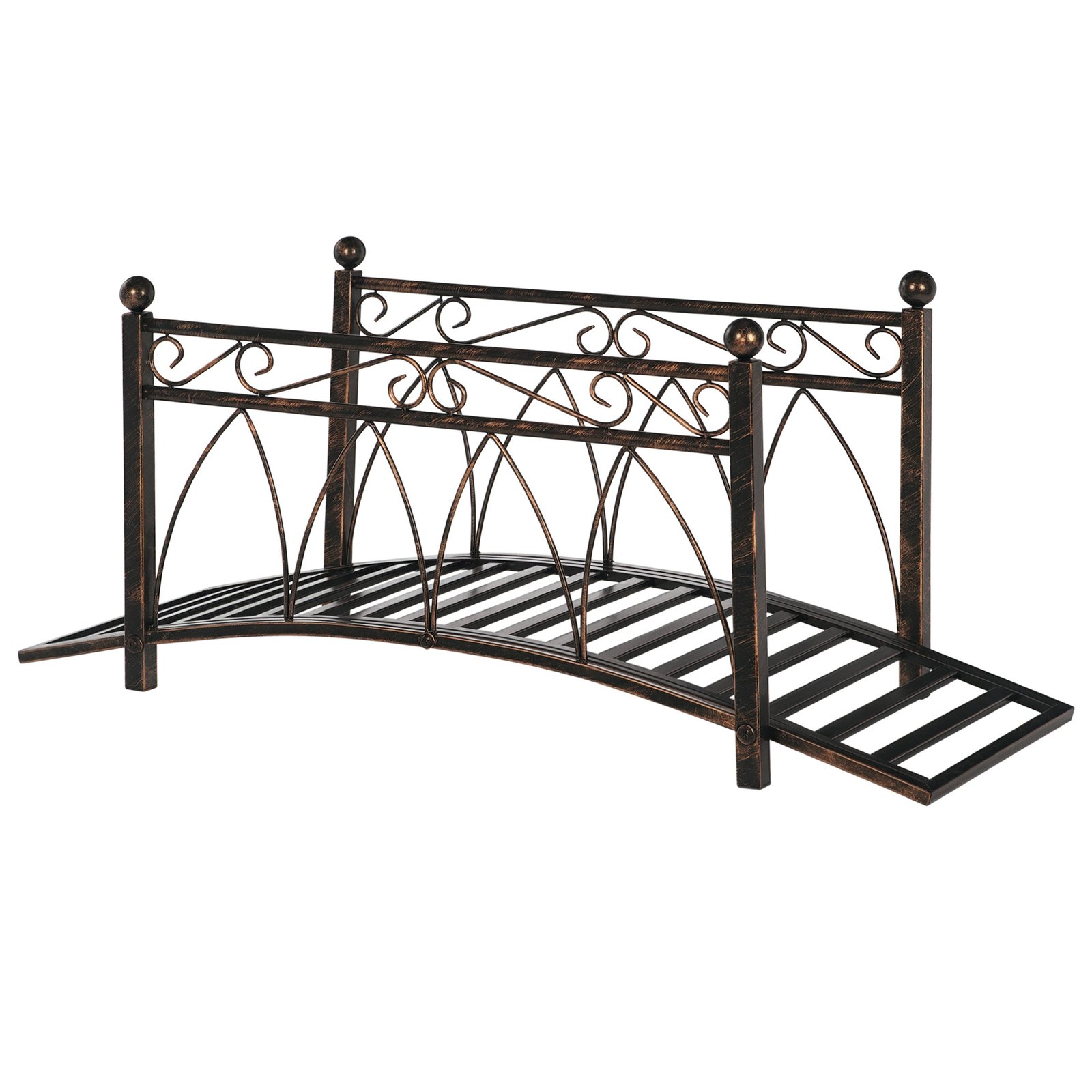 2Xr7a019db34626c9.jpg 3.3' Metal Arch Zen Garden Bridge with Safety Siderails, Decorative Footbridge, Delicate Scrollwork & Corner Spheres for Stream, Fish Pond, Bronze - Image 1