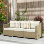 Rattan Wicker 3 Seater Patio Couch with Cushions, 2 Throw Pillows, Outdoor Furniture Rattan Sofa, Cream White - Image 7