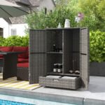 Outdoor Storage Cabinet with Shelves, Rattan Pool Towel Storage Cabinet with Removable Shelf & Drawer, Dark Gray - Image 2