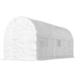 Hoop House Greenhouse, Walk-in Tunnel Greenhouse with 2 Support Rods, Zippered Roll-up Mesh Door, 14.6'x6.5'x6.6', White
