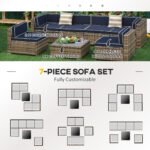 7-Piece Outdoor Wicker Patio Sofa Set, Modern Rattan Conversation Furniture Set with Cushions, Pillows and Tea Table - Blue - Image 6