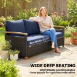 3 Seater Outdoor Couch Sofa, PE Wicker Patio Sofa, Wide Deep Seat, 4" Cushions, Wood-Effect Armrests Legs, Dark Blue - Image 6