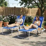 Tanning Chair Set of 2 with Face Hole and Side Table, 5-Position Folding Outdoor Chaise Lounge Chair, Navy Blue - Image 2