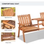 Patio Bench, Garden Bench with Middle Table and Umbrella Hole, Wooden Outdoor Bench for Patio, Porch, Poolside, Balcony, Orange - Image 5