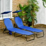 Pool Chaise Lounge Chairs Set of 2, Folding Lounge Chairs with Sunshade, Reclining Back, Steel Frame, Blue - Image 2