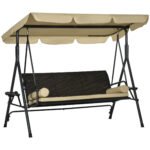 3-Seat Patio Swing Chair, Outdoor Canopy Swing Glider with Removable Cushion, Pillows, Adjustable Shade, and Rattan Seat, for Porch, Garden, Poolside, Backyard