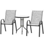 3 Pieces Bistro Set, Small Patio Furniture Set with Stackable Chairs and Glass Table for Backyard, Balcony, Gray