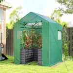 Greenhouse with Raised Garden Bed, Galvanized Steel Outdoor Greenhouse with Roll Up Door, 56" x 56" x 75", Dark Gray - Image 2