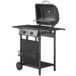 2 Burner Propane Gas Grill, 18000 BTU BBQ Grill with Wheels, Warming Rack, Shelf, Thermometer, Grease Cup, Black