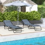 2 Folding Chaise Lounge Pool Chairs with 4-Position Reclining Back, Pillow, Breathable Mesh & Bungee Seat, Gray - Image 7