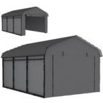 10' x 15' Metal Carport, Heavy Duty Garage Car Canopy with Galvanized Metal Roof and Removable Sidewalls, Dark Gray