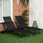 Chaise Lounge Outdoor, 2 Piece Lounge Chair with Wheels, Tanning Chair with 5 Adjustable Positions for Patio, Beach, Yard, Pool, Black - Image 2