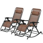 2 Outdoor Rocking Chairs Foldable Reclining Zero Gravity Lounge Rockers w/ Pillow Cup & Phone Holder, Brown