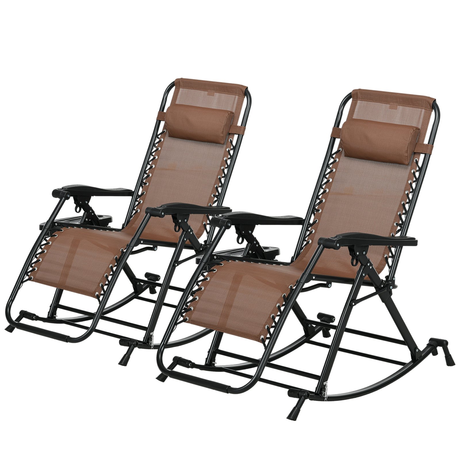 3H5ffb19494d31910.jpg 2 Outdoor Rocking Chairs Foldable Reclining Zero Gravity Lounge Rockers w/ Pillow Cup & Phone Holder, Brown - Image 1