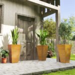 Set of 3 Tall Planters, 28" Outdoor Planter w/ Drainage Holes, Faux Wood Plastic Flower Pots, Light Brown - Image 2