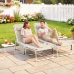 Tanning Chair Set of 2 with Face Hole and Side Table, 5-Position Folding Outdoor Chaise Lounge Chair, Beige - Image 2