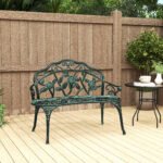 Outdoor Bench, Cast Aluminum Outdoor Furniture, Metal Bench with Floral Rose Accent & Antique Finish, Green - Image 2