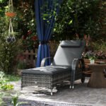 Outdoor Chaise Lounge, 5-Level Adjustable Backrest Rattan Pool Lounge Chair with Wheels, Cushion & Headrest, Gray - Image 2