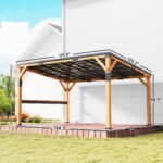 10' x 14' Wooden Gazebo, Hardtop Lean-to Gazebo Pergola with Galvanized Steel Sloped Roof, Bar Shelf, Natural Wood - Image 3