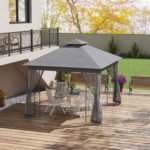 10' x 11.5' Metal Patio Gazebo, Double Roof Outdoor Gazebo Canopy Shelter w/Tree Motifs Corner Frame and Netting - Image 2