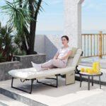 Folding Chaise Lounge Pool Chair with 4-level Reclining Back, Cushion, Side Pocket, Headrest, Beige - Image 2